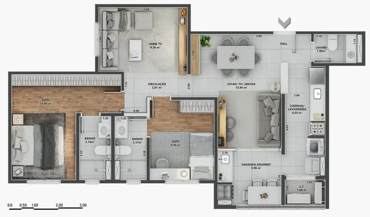 Planta do V3RSO JK: 86,58 m² | 2 Suítes | Home TV | Lavabo
