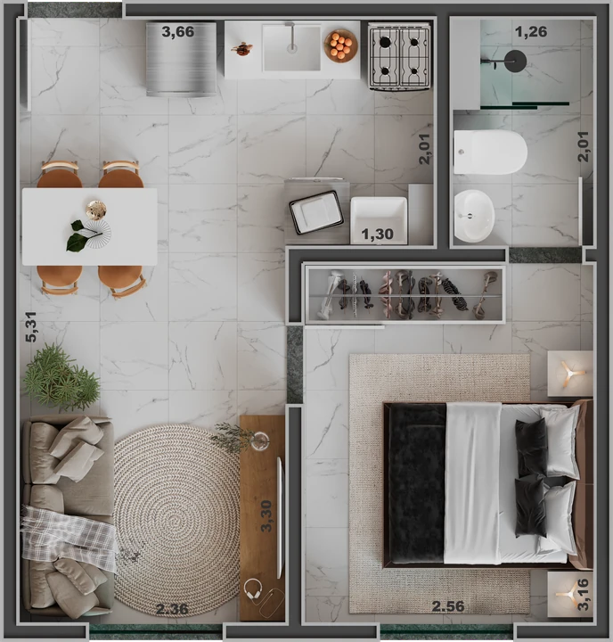 Planta do Unique Palestra: Apartamento Tipo Meio - 1 dorm. - 29,46 m²