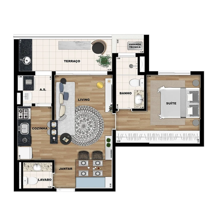 Planta do Duo JK: APTOS. 1 SUÍTE - 50 m² privativos | Torre Space