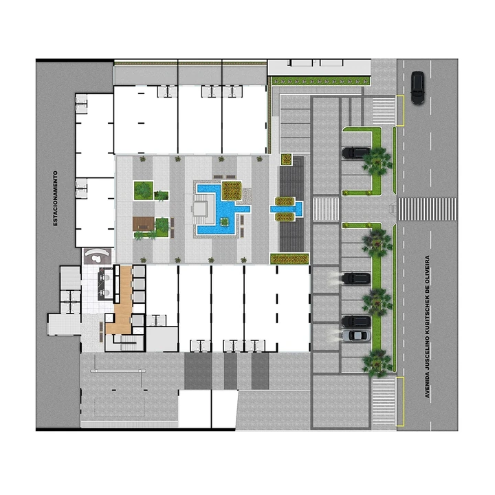 Planta do Duo JK: IMPLANTAÇÃO - Área de convivência | Torre Sky