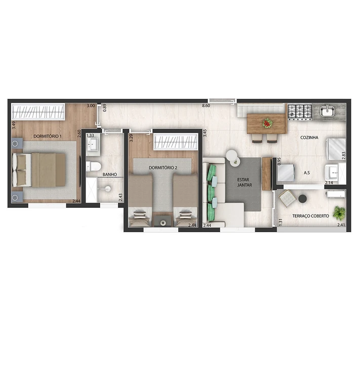 Planta do Nau Vivendas: Planta Tipo 2 - 51 m² | 2 dorms