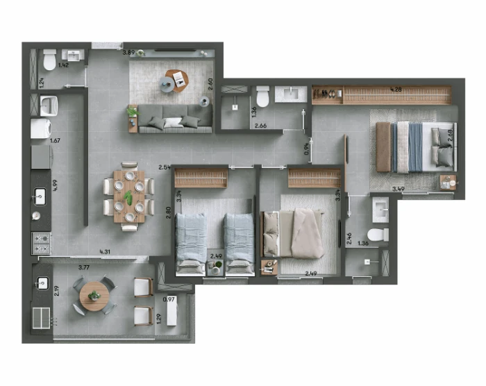 Planta do Murano: PLANTA DE 94,12M² - 3 dormitórios (sendo 1 suíte), Lavabo, Cozinha e Varanda Gourmet