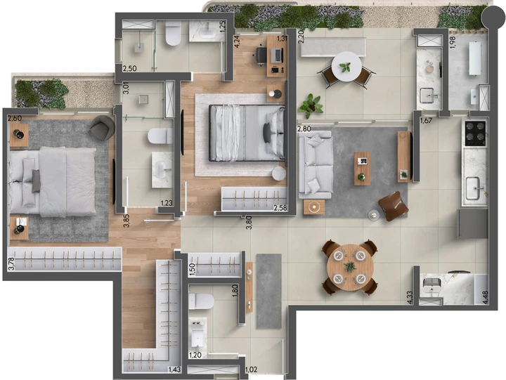 Planta do Horizon Residences: 87m² | 2 Suítes | Lavabo | Varanda Gourmet Fechada