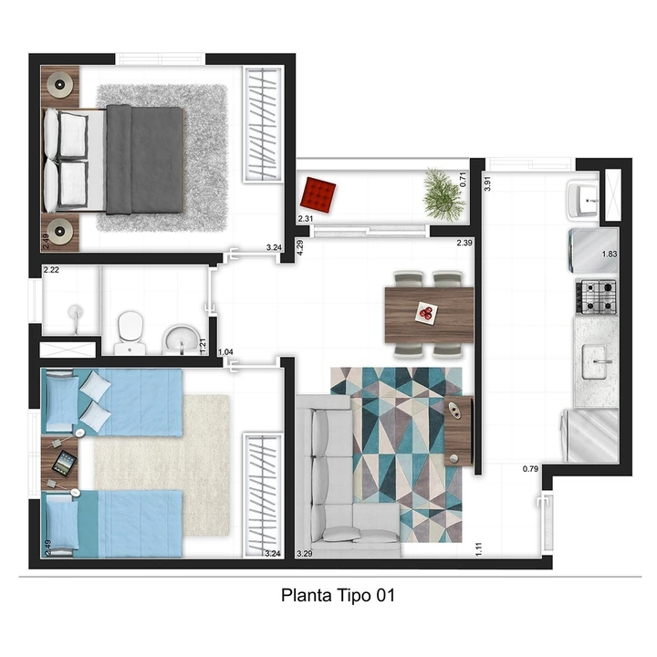 Planta do Borghese Boulevard: APTO. 2 DORMS. - 47,15 m² privativos