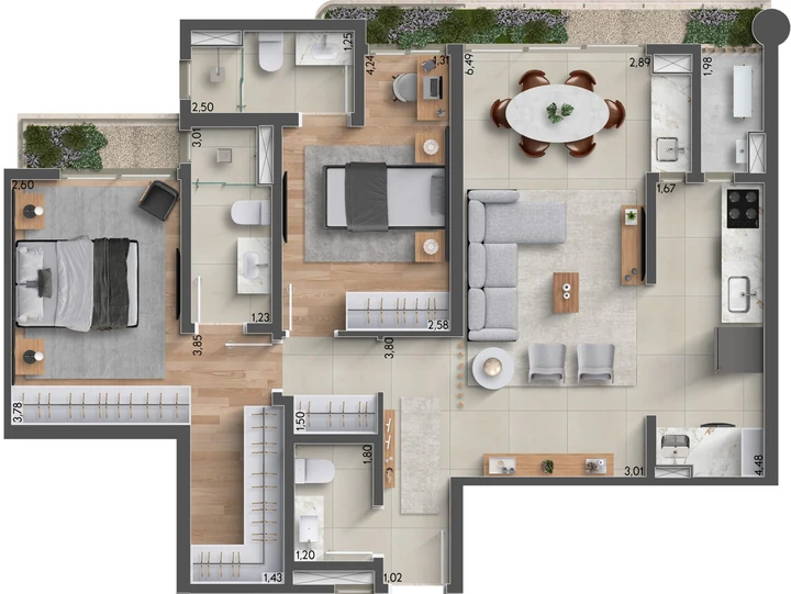 Planta do Horizon Residences: 87m² | 2 Suítes | Lavabo | Varanda Gourmet Aberta