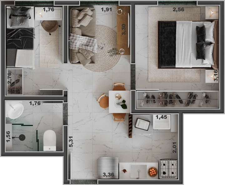 Planta do Unique Palestra: Apartamento Tipo Meio - 1 dorm. - 33,09 m²
