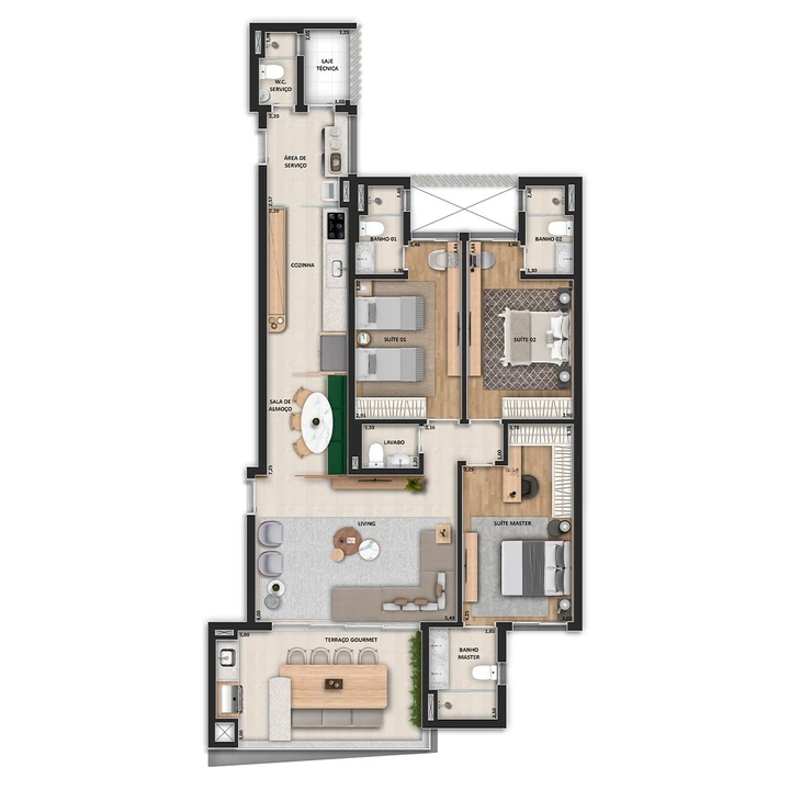 Planta do Monreal by Tarraf: Planta Tipo A2 | B1 - 140 m² | 3 suítes (sendo 1 master) | 2 vagas