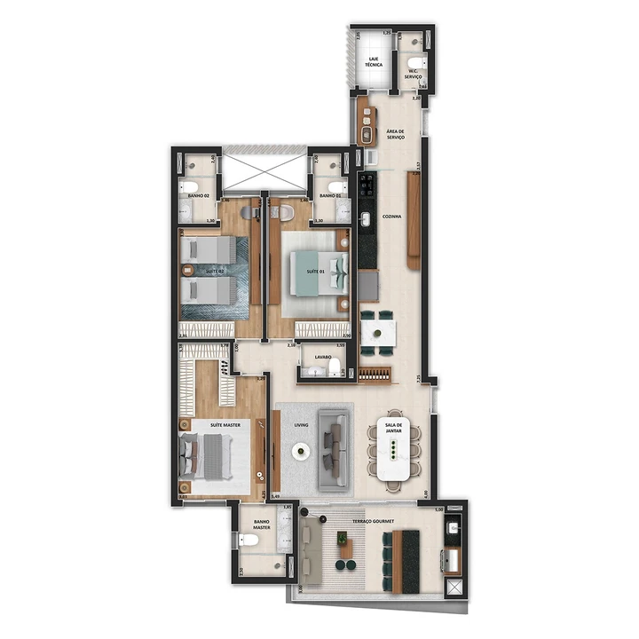 Planta do Monreal by Tarraf: Planta Tipo A1 | B2 - 140 m² | 3 suítes (sendo 1 master) | 2 vagas
