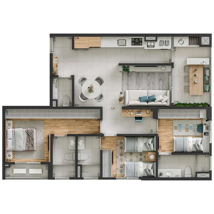 Planta do Copacabana: Apartamento Tipo - 103 m² | 3 suítes | 2 vagas