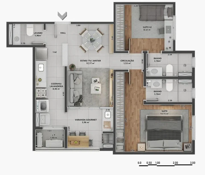 Planta do V3RSO JK: 70,98 m² | 2 Suítes | Lavabo