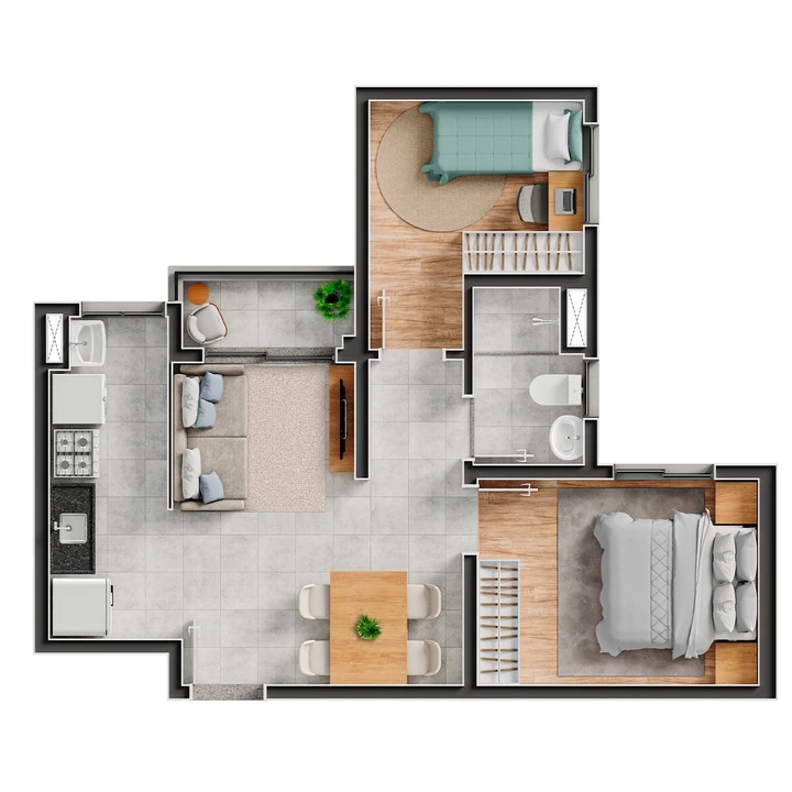 Planta do Quinta das Amoras: 46 m² | 2 dorms - Varanda