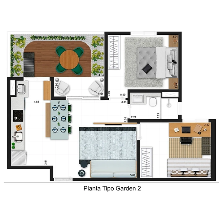 Planta do Borghese Boulevard: APTO. 2 DORMS. - 58,31 m² privativos