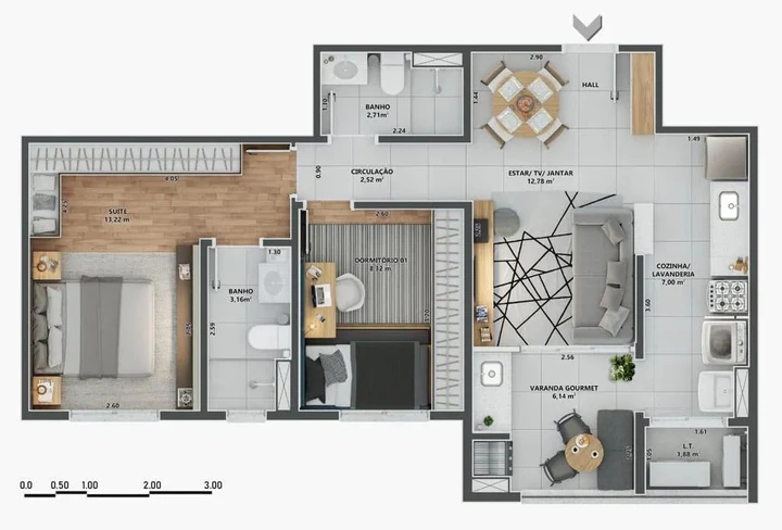 Planta do V3RSO JK: 66,66m² | 1 Suíte | 1 Dormitório