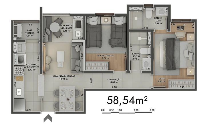 Planta do Sinni 551 Residences: 58,54m² | 1 Dormitório | 1 Suíte | Varanda Gourmet Aberta