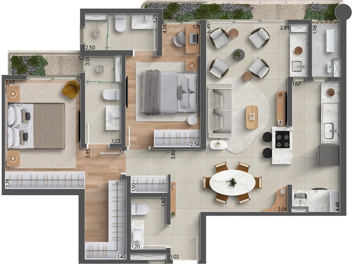 Planta do Horizon Residences: 87m² | 2 Suítes | Lavabo | Varanda Gourmet Aberta com Ilha