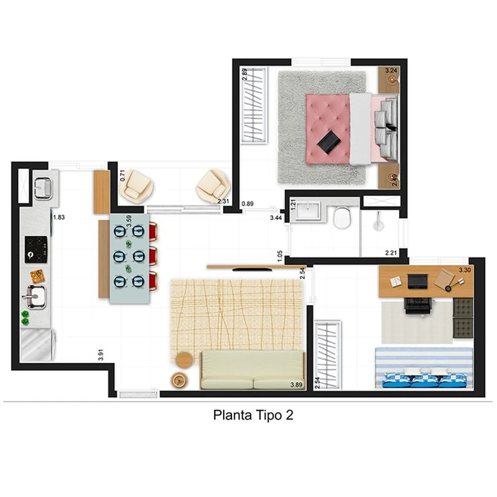Planta do Borghese Boulevard: APTO. 2 DORMS. - 49,06 m² privativos