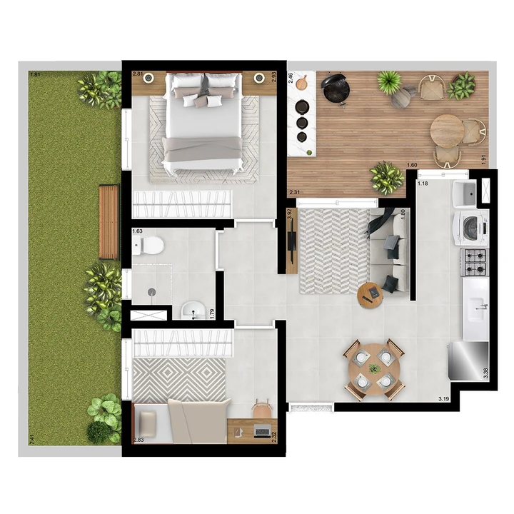 Planta do Borghese Boulevard 2: Planta Garden A - 66,77 m² | 2 dormitórios | 1 vaga