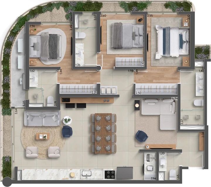 Planta do Horizon Residences: 124m² | 3 Suítes | Lavabo | Varanda Gourmet Aberta | Bancada Estendida