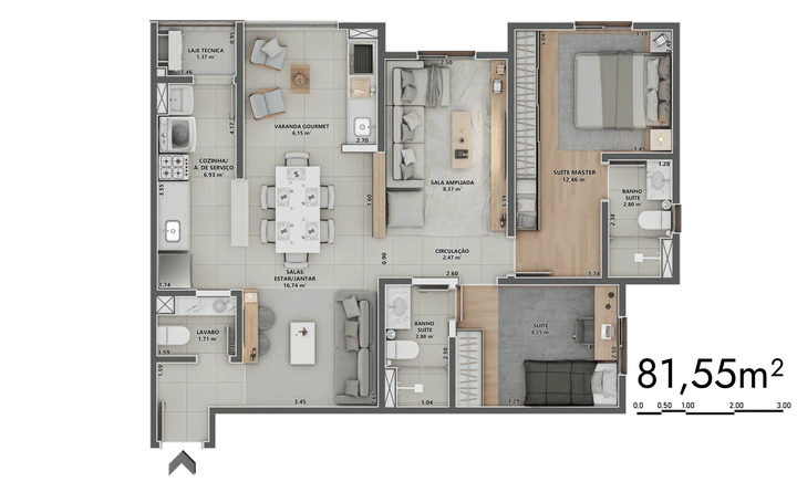 Planta do Sinni 551 Residences: 81,55m² | 2 Suítes | Lavabo | Sala ampliada | Varanda Gourmet Aberta