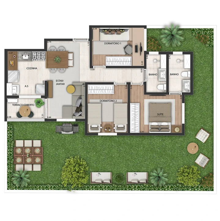 Planta do Nau Vivendas: Planta Tipo 5 - 172 m² | 3 dorms (1 suíte)