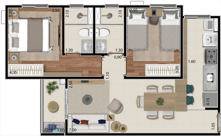 Planta do Trinità: PLANTA TIPO 1 COM SUÍTE E VARANDA