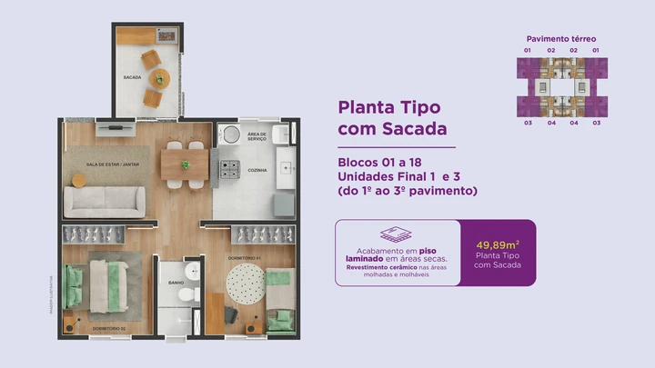 Planta do Residencial Ecoviva Vista Bela: Planta Tipo com Sacada