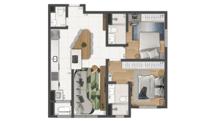 Planta do Matiz: Apartamento de 66 m² | Gourmet integrado