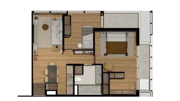 Planta do Plaza Residence: Apartamento de 74m² com 1 banheiro e walk-in closet