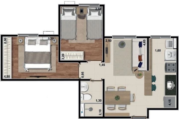 Planta do Valle dos Colibris: PLANTA TIPO 3 - 46,70 M²