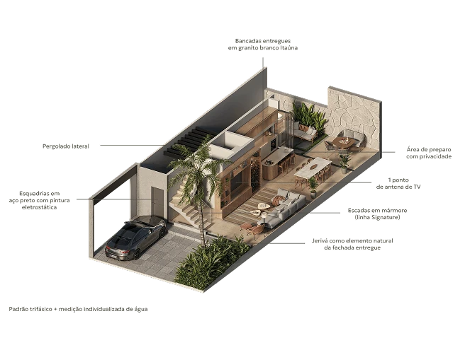 Planta do Casa Pietra: Térreo - planta isométrica (garagem, sala integrada, cozinha e área externa)
