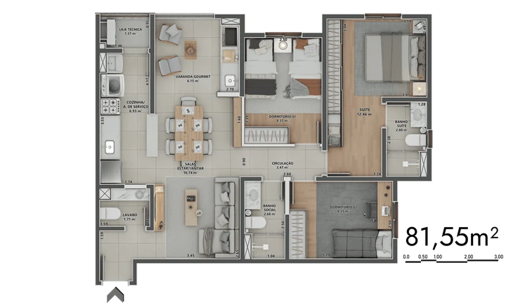Planta do Sinni 551 Residences: 81,55m² | 2 Dormitórios | 1 suíte | Lavabo | Varanda Gourmet Aberta