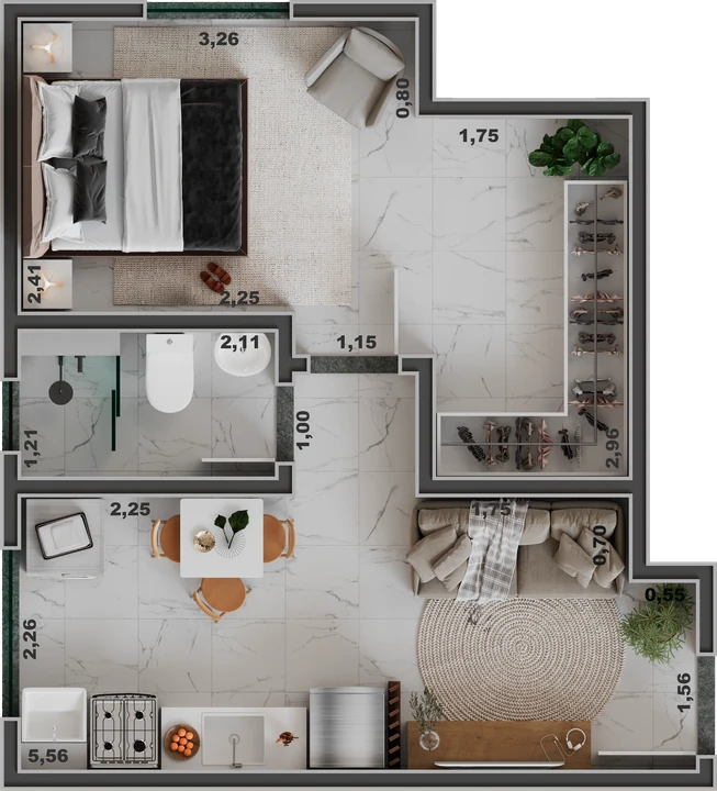 Planta do Unique Palestra: Apartamento Tipo Ponta - Unique Palestra - 1 dorm. - 32,96 m²