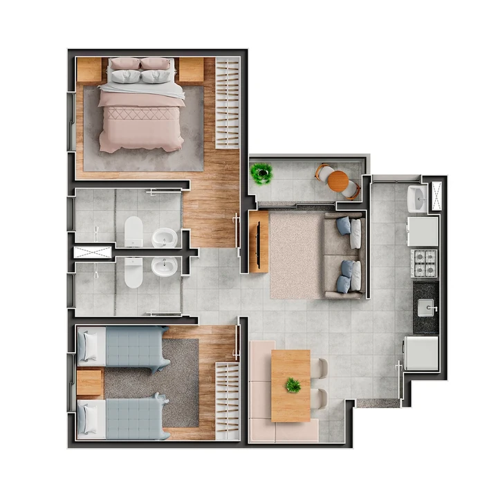 Planta do Quinta das Amoras: 52 m² | 2 dorms - 1 suíte e varanda