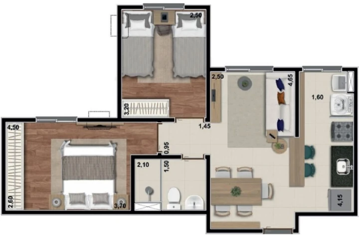 Planta do Valle dos Colibris: PLANTA TIPO 2 - 48,13 M²
