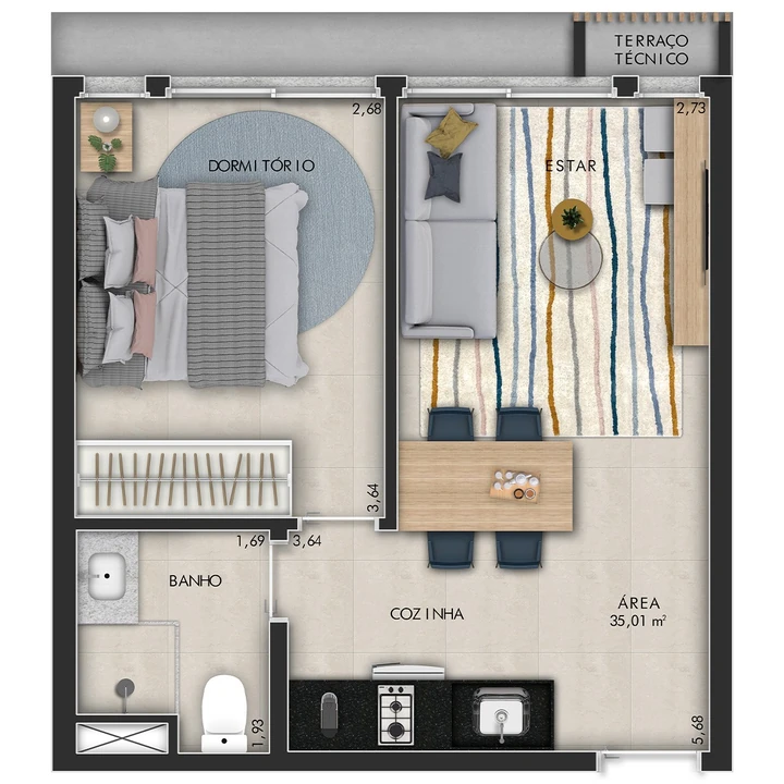 Planta do Platz by Tarraf: Studio 35 m² (1 dorm) - *Sugestão de fechamento