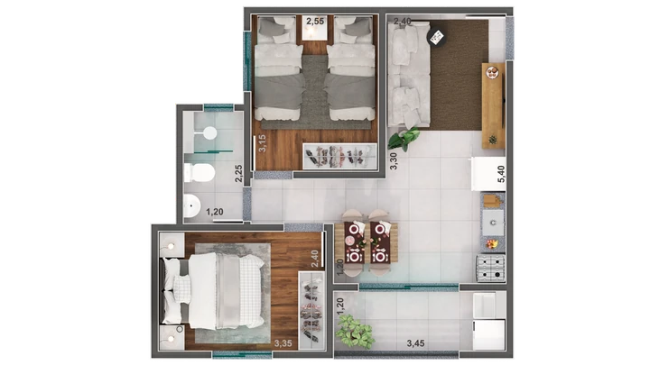Planta do Palestra Life: Planta Ponta - Tipo 1 - Palestra Life - 2 dorm. - 45,52 m²