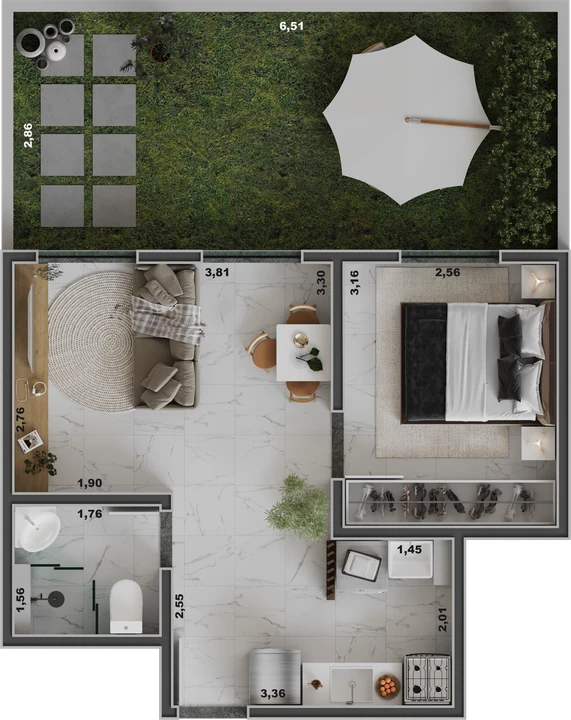 Planta do Unique Palestra: Apartamento Garden Meio - 1 dorm. - 52,98 m²