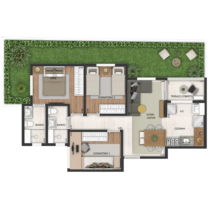 Planta do Nau Vivendas: Planta Tipo 8 - 105 m² | 3 dorms (1 suíte)