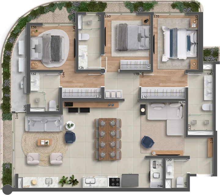 Planta do Horizon Residences: 124m² | 3 Suítes | Lavabo | Varanda Gourmet Aberta
