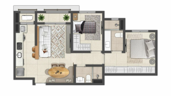 Planta do Cambuí Reserva da Mata: Apartamento 64,3 m² | Sala ampliada