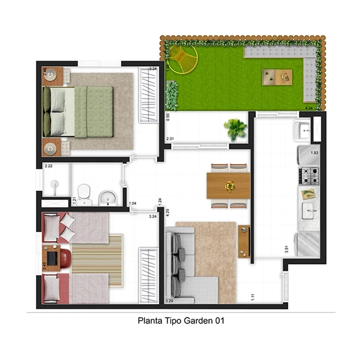 Planta do Borghese Boulevard: APTO. 2 DORMS. - 56,50 m² privativos
