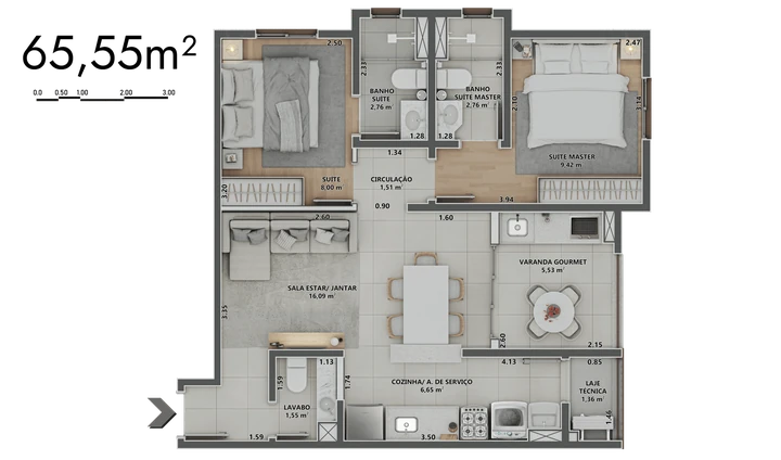 Planta do Sinni 551 Residences: 65,55m² | 2 Suítes | Lavabo | Sala ampliada | Varanda Gourmet Aberta