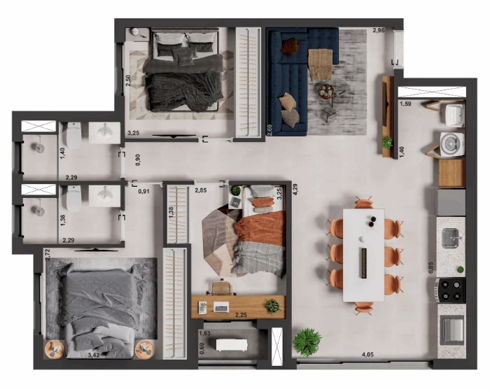 Planta do Meet: APTO TIPO 1 - 78,52M² - 3 dormitórios (sendo 1 suíte), sala integrada, cozinha gourmet, lavanderia box, laje técnica.