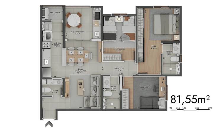 Planta do Sinni 551 Residences: 81,55m² | 2 Dormitórios | 1 suíte | Lavabo | Varanda Gourmet Fechada
