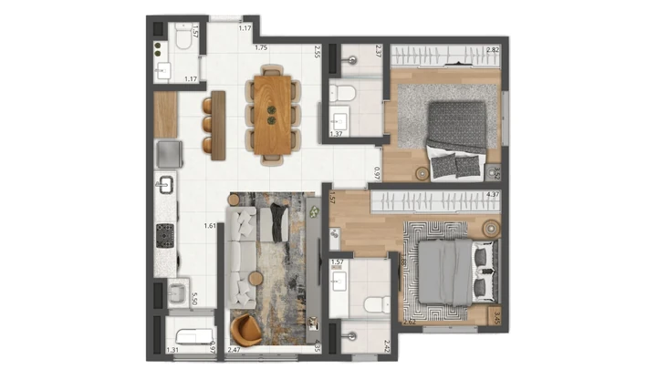 Planta do Matiz: Apartamento de 75 m² | Living ampliado
