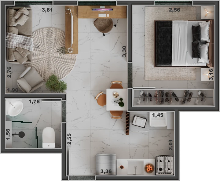 Planta do Unique Palestra: Apartamento Tipo Meio - 1 dorm. - 33,09 m²