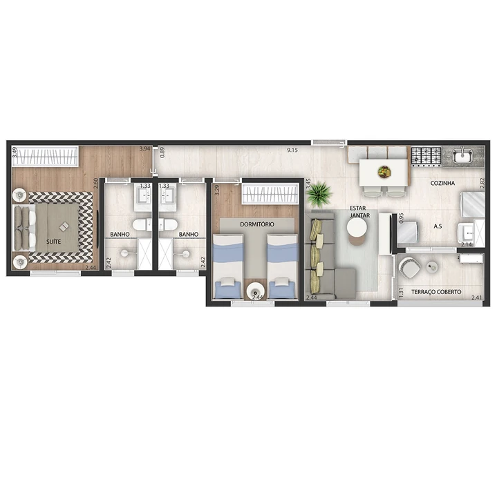 Planta do Nau Vivendas: Planta Tipo 3 - 57 m² | 2 dorms (1 suíte)