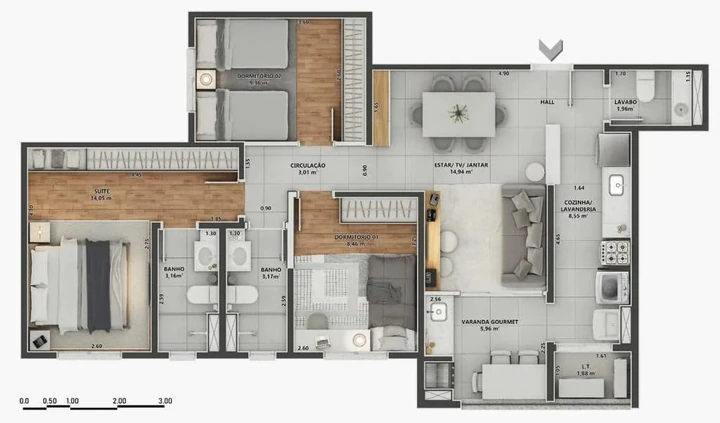 Planta do V3RSO JK: 86,58 m² | 1 Suíte | 2 Dormitórios | Lavabo