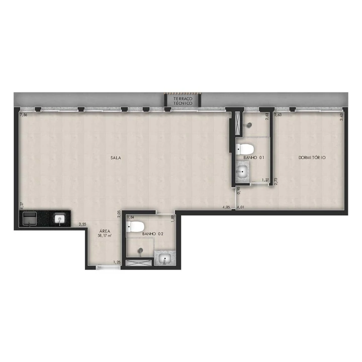 Planta do Platz by Tarraf: Apto 58 m² (1 dorm)