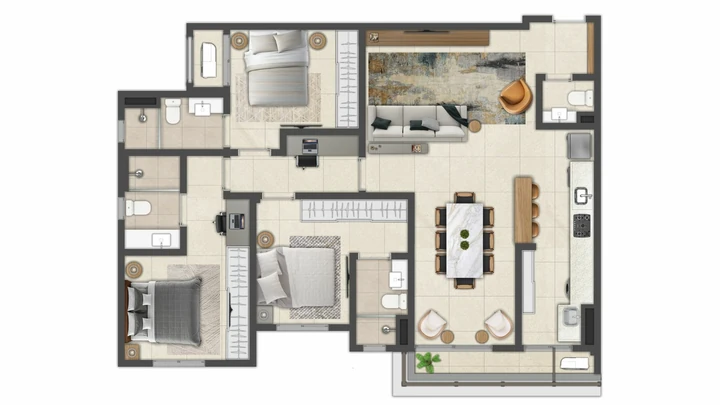 Planta do Cambuí Reserva da Mata: Apartamento 112,3 m² | Sala ampliada